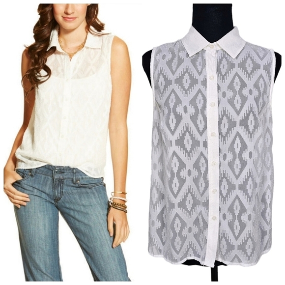 Ariat Boho Western White Sheer Button Up Sleeveless Blouse Top Aztec Pattern M - Picture 1 of 14
